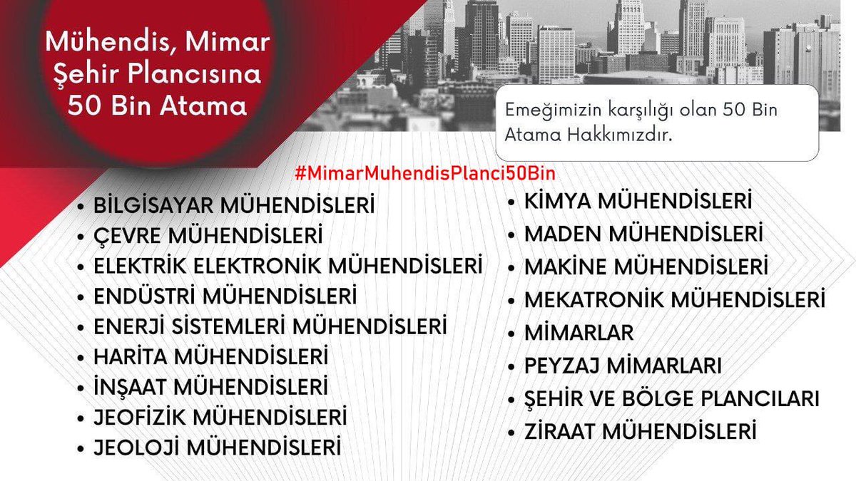 50 Bin genç dinamik teknik donanımlı genç UMUT istiyor. 
ATANMAK İSTİYOR.
Ülkemize hizmet etmek istiyor. 
Hizmet aşkıyla yaşayan bu insanlar TEKNİK ATAMA BEKLİYOR. 
🛑Mühendis
🛑Mimar
🛑Şehir Plancı 
50 Bin ATAMA, 50 BİN UMUT, 50 BİN HAYAL bekliyor…

#MimarMuhendisPlanci50Bin