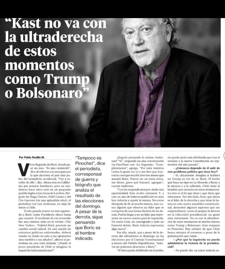 Buena entrevista de La Segunda a Jon Lee Anderson. "Hay señales de que Chile busca siempre el consenso a pesar de la polarización que existe"....