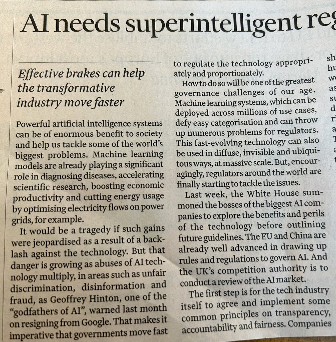 In today’s <a href="/FT/">Financial Times</a> - regulating AI “one of the greatest governance challenges of our age”, but do-able if we blend approaches from pharma, airline industry, licence crucial algo’s