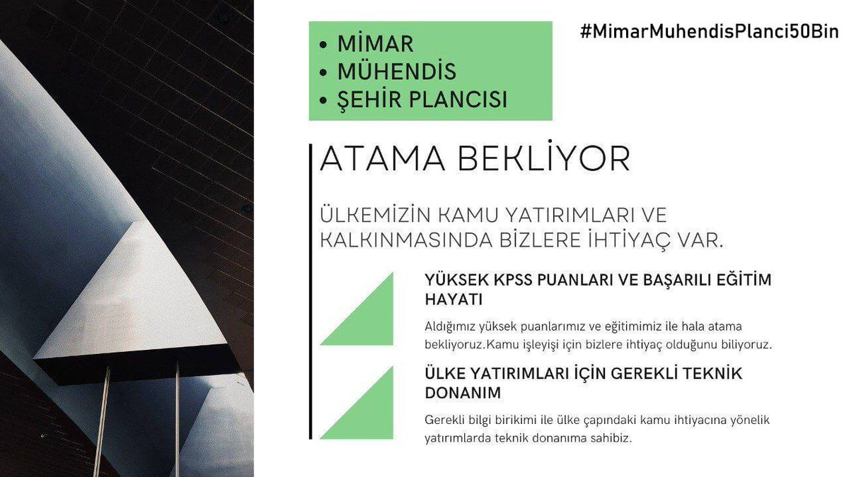 Ülkemizin Mimar, Mühendis, Şehir Plancılarına gereken değer verilmeli, bilimsel ve mesleki gerçeklikler önemsenmeli. Güvenli, yaşanılabilir çevrenin oluşturulması için talepleri karşılayın, emeklerimizi görün, bu sesleri duyun! 
#MimarMuhendisPlanci50Bin