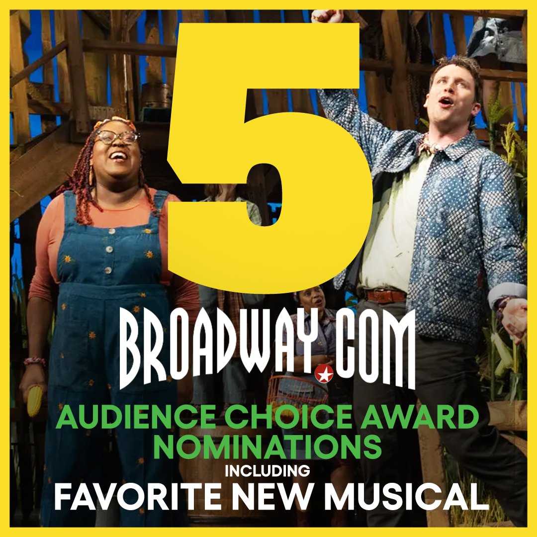 Shucked_Musical's tweet image. We're thrilled to be nominated for FIVE @broadwaycom Audience Choice Awards! Thank you to our a-maize-ing fans who voted for us! 🌽🎭