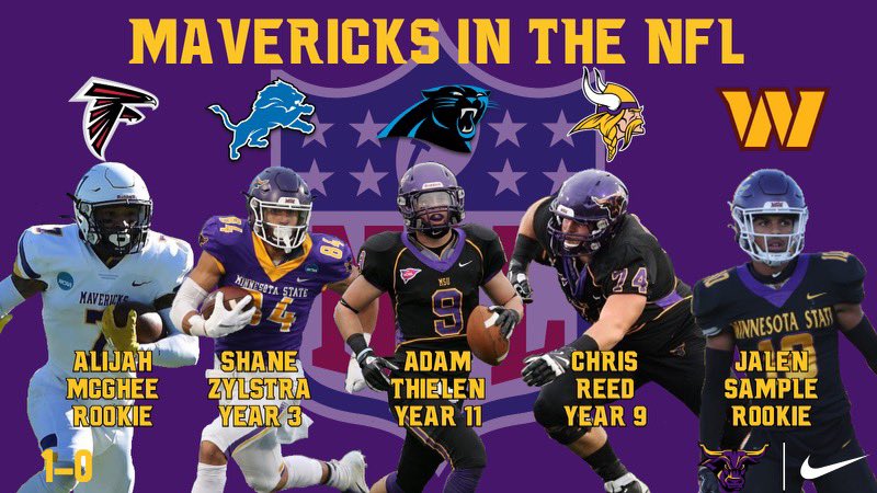So proud of @Mcghee1001 @ShaneZylstra84 @athielen19 @CQReed74 & @_FreeSample! They were all exceptional Students and Athletes @MNSUMankato. They enjoyed dominating success, built a strong legacy while paving the foundation for future NFL hopefuls. #MakeTheJourney #RollHerd #1-0!