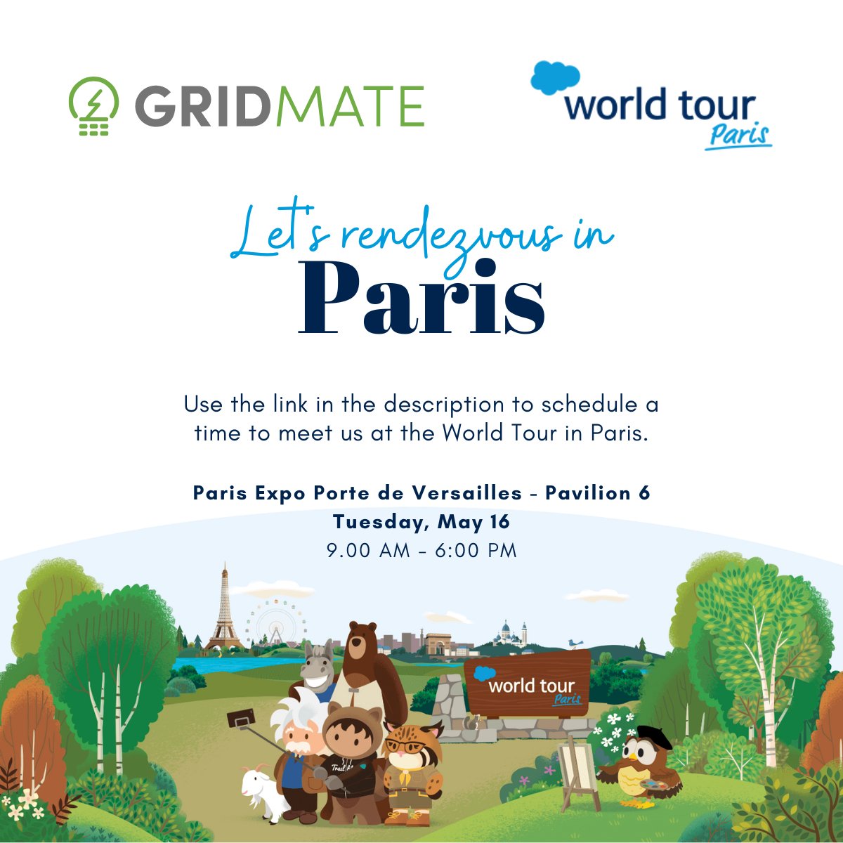 Let’s rendezvous in #paris! We are headed to the City of Love on the 16th of May to attend the #salesforce World Tour . Get ready for some serious networking and learning that will have you saying 'oui' to the power of #gridmate.