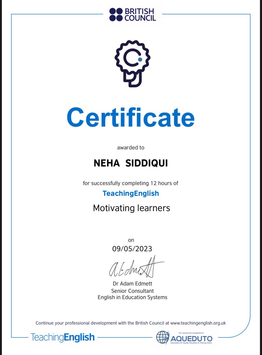 Nehasiddiqui46's tweet image. Hi everyone !
Sharing A new certification from training and courses @BritishCouncil  #learning #motivation #gamificationlearning #progression