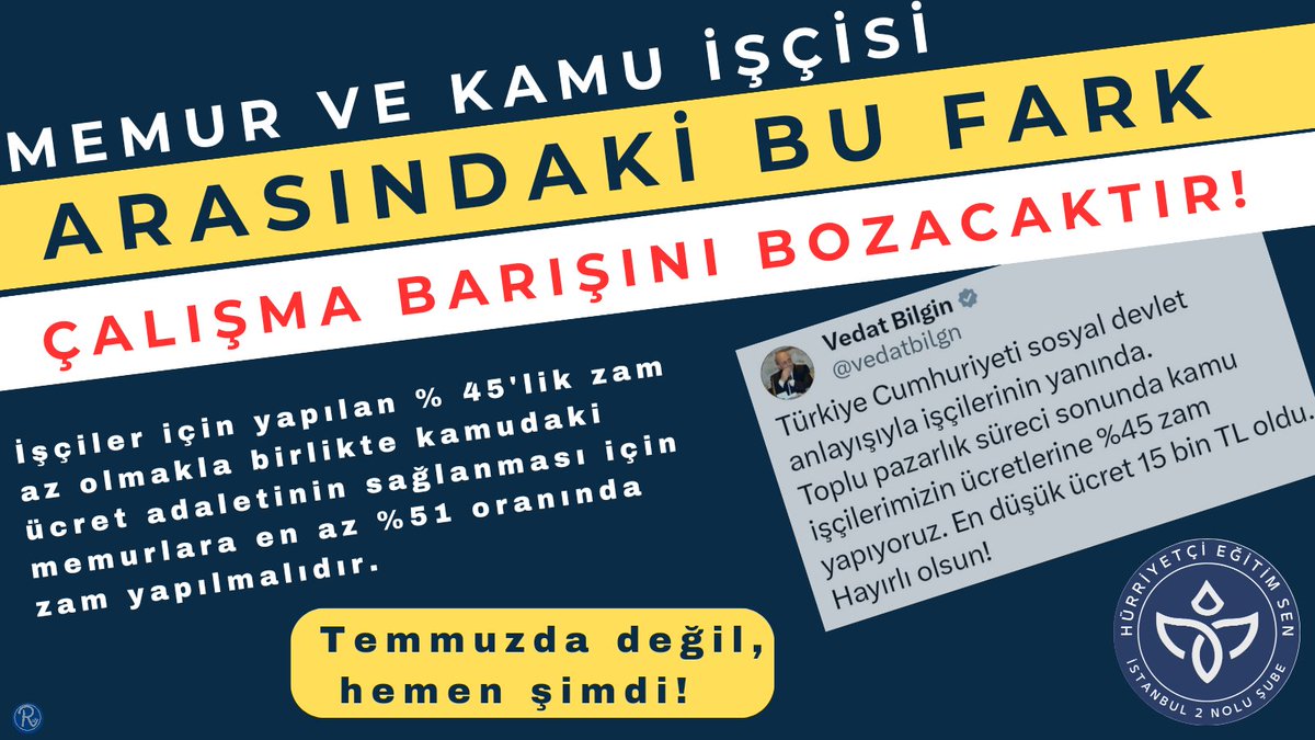Kamu işçisinin taban ücreti 15 bin TL'ye çıkarılırken, 30 yıllık öğretmen maaşının 15 bin TL bile olmaması, eğitime ve öğretmene verilen değerin göstergesidir.

Öğretmenlere seyyanen zam yapılması şart olmuştur.#MemurHakkınıİstiyor