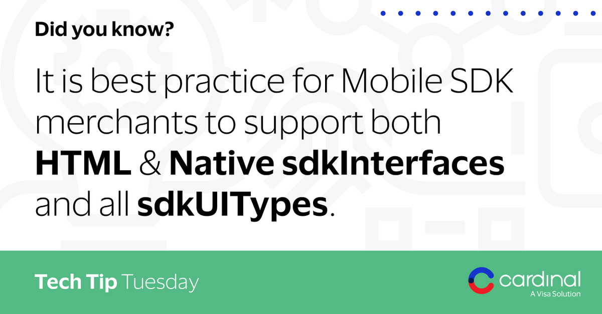 #TechTipTuesday 📲

Ensure that your 3DS SDK provider has you configured to support these elements in the deviceRenderOptions Authentication request field ⤵️

#Optimization #MobileSDK