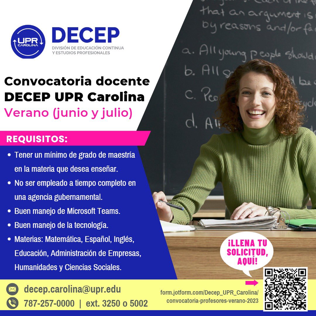 [Convocatoria docente] Verano: junio y julio | Llena tu solicitud aquí➡️ form.jotform.com/Decep_UPR_Caro…