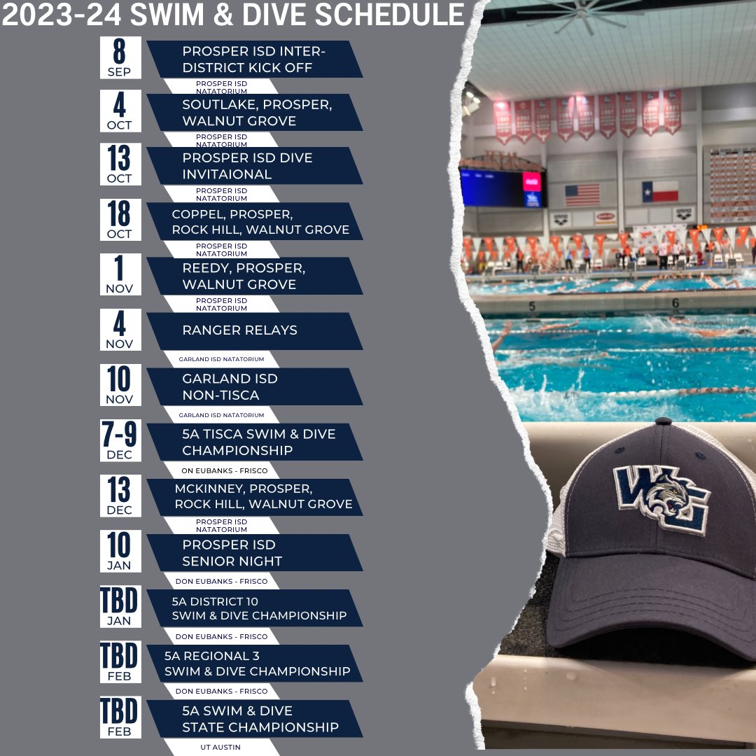 Next year is going to be SPECIAL!🏆

Here is your Walnut Grove Swim & Dive Schedule for next year!

We can not wait to see what our swimmers and divers will accomplish next year! 
#BuildingChampions 
#BeBetterBeDifferent