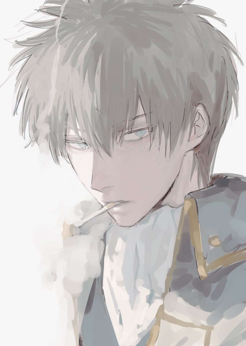 1boy male focus solo blue eyes simple background looking at viewer cigarette  illustration images