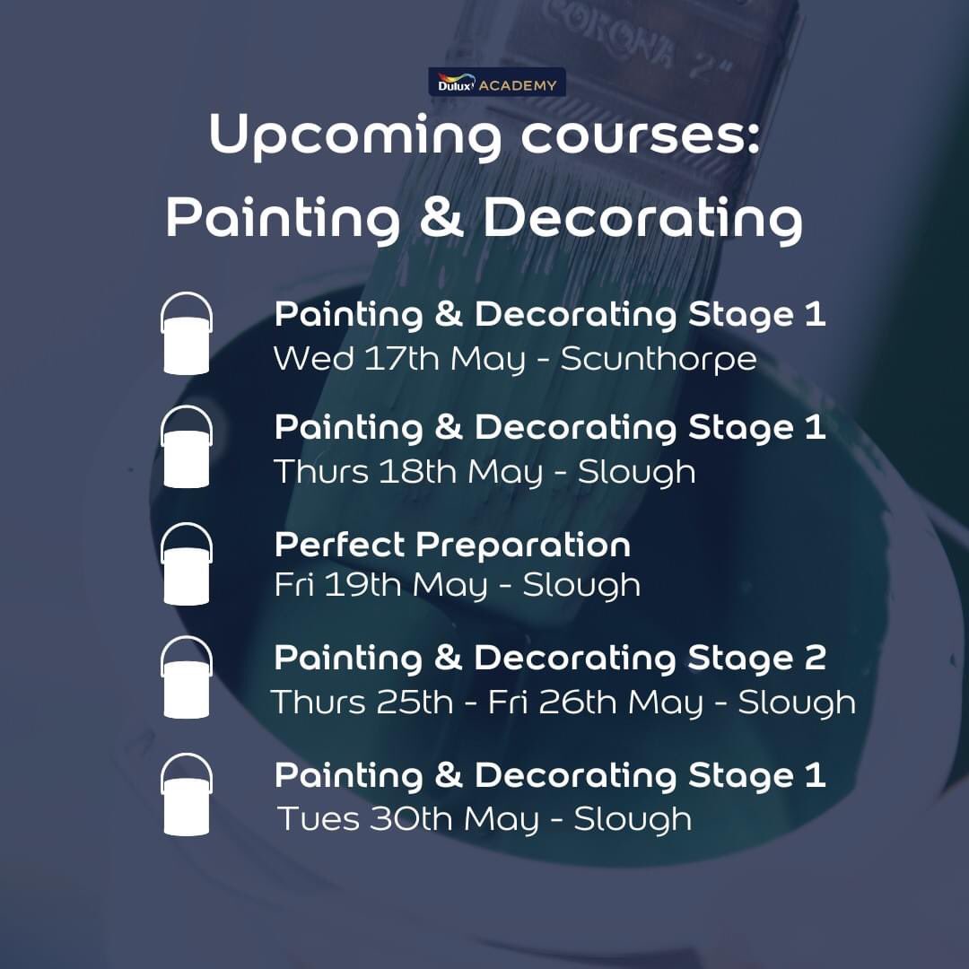 Are you looking to freshen up your skillset this Spring? 

Take a look at the range of Painting &amp; Decorating courses we have on offer at the @duluxacademy this May and choose the right fit for your training journey. 

Head to spr.ly/6187OjYR5 to book your place 💪