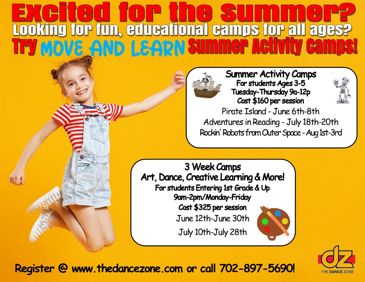 Move and Learn Summer Activity Camps begin in June! 🤸🏽‍♂️☀️ Camps for ages 3 & up! Register now: TheDanceZone.com✅

#summer #camps #activities #fun #moveandlearn #thedancezone