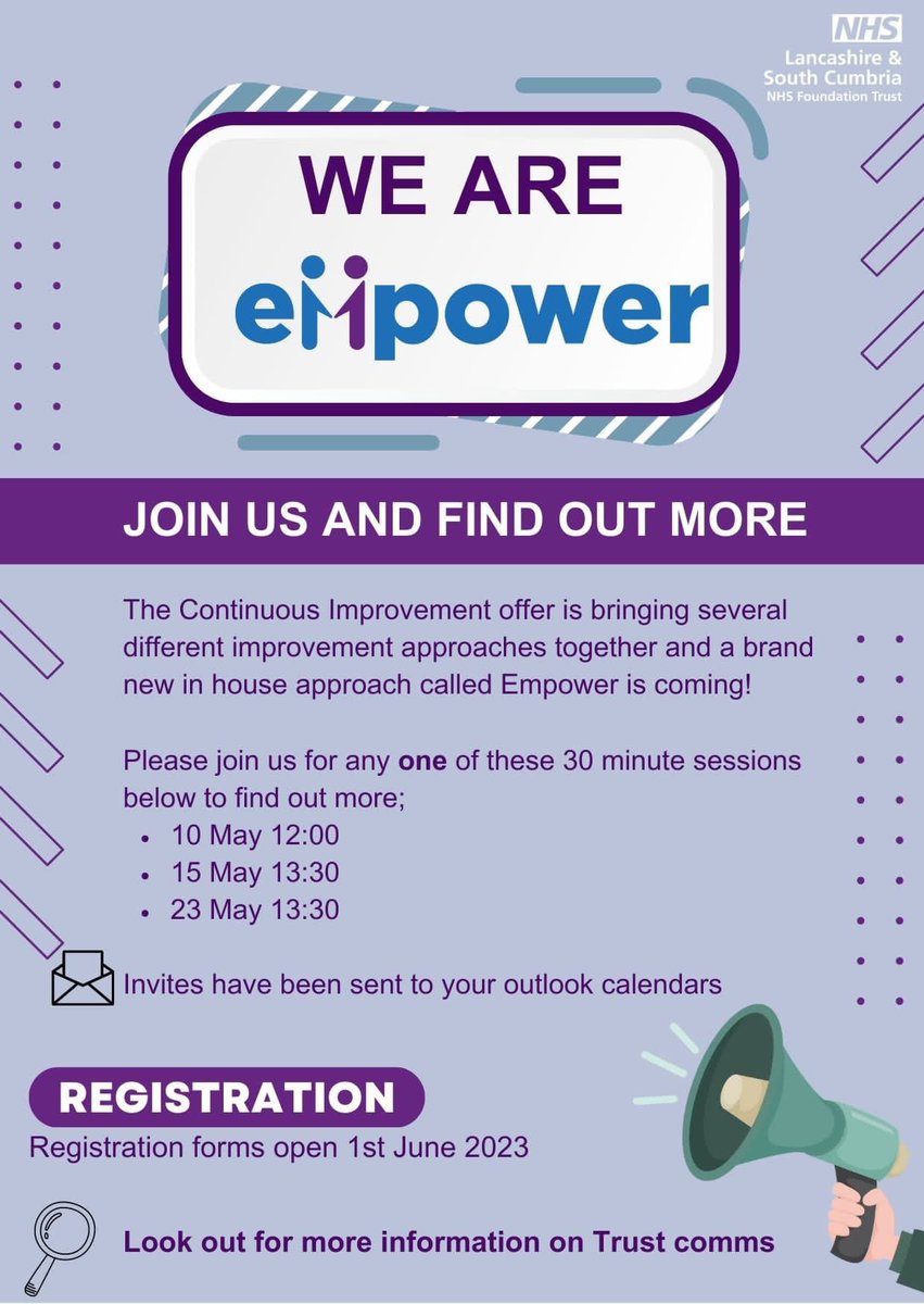 Thinking 🤔 about making an  improvement in your team or service? Struggling to get started ?  
Then come along  2 hear about our brand new improvement approach called Empower !You identify what you want to improve &amp;lead the change with support from the CI team.More details 👇🏽👇🏽