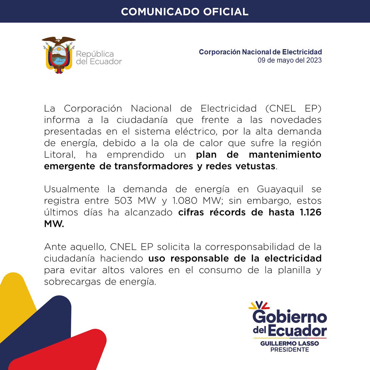 CNEL_EP's tweet photo. Comunicado a la ciudadanía: https://t.co/iLat6bxIN4