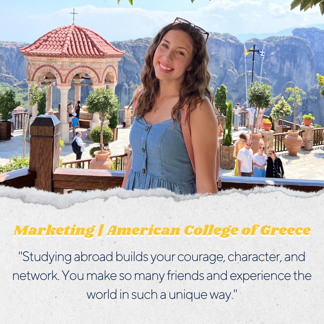 ETSUstudyabroad's tweet photo. Today's Student Spotlight is Marketing major Lauren Hilton! Lauren studied at the American College of Greece, located in Athens, which allowed her to visit sites like the island of Santorini, the monasteries of Meteora, and cities like Paris, London, and Rome! #etsustudyabroad https://t.co/HD1NTG3lfG