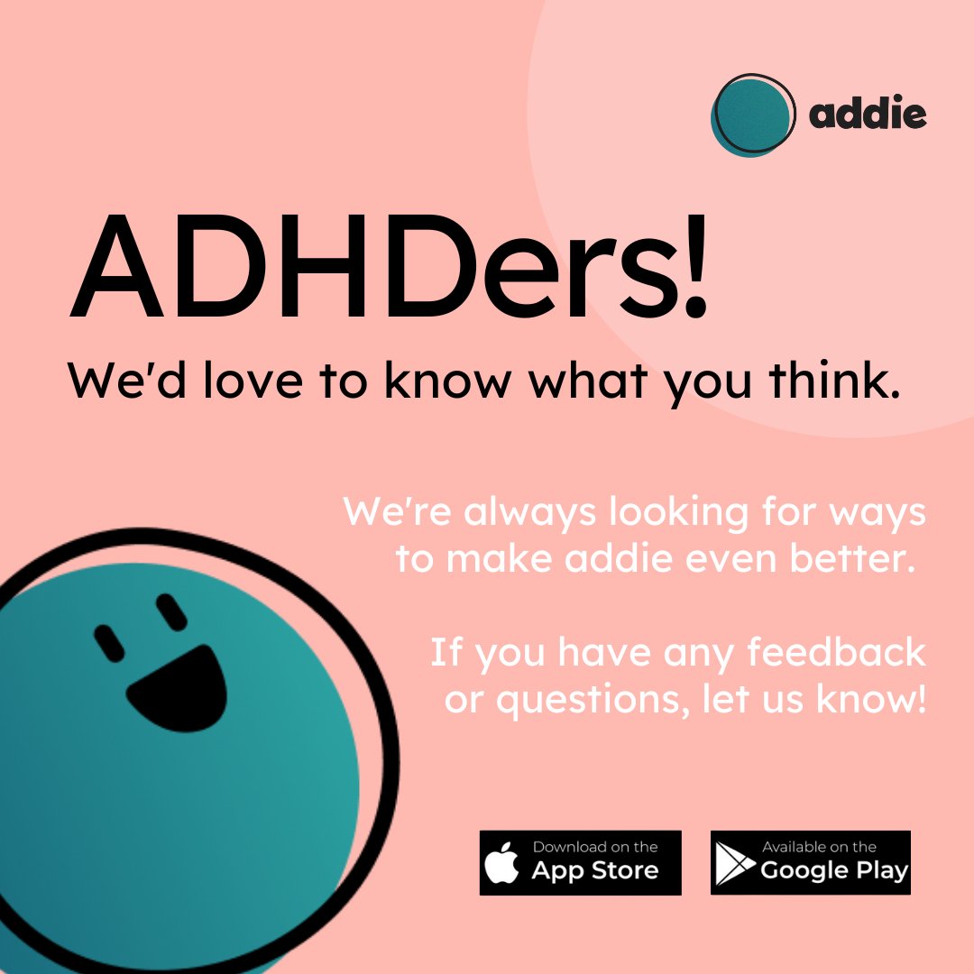 addieADHD's tweet photo. We want to know what you think of Addie! 🧠

If you have any suggestions to make Addie even more awesome for ADHD brains, tweet us and let us know!

#AddieApp #ADHD https://t.co/XQGwlbW5Nm
