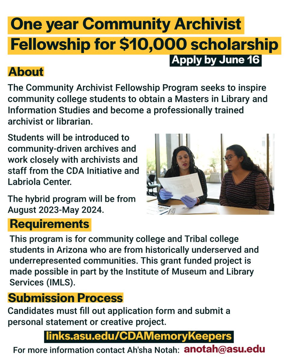ASUChicano's tweet photo. Now accepting applications! Become a memory keeper for your community through our fellowship program! #IMLSFUNDED #CommunityArchiving #ASULibrary #LibraryInformationScience
Link to application: https://t.co/mNR8pHWXqm https://t.co/BrV4sVOccB