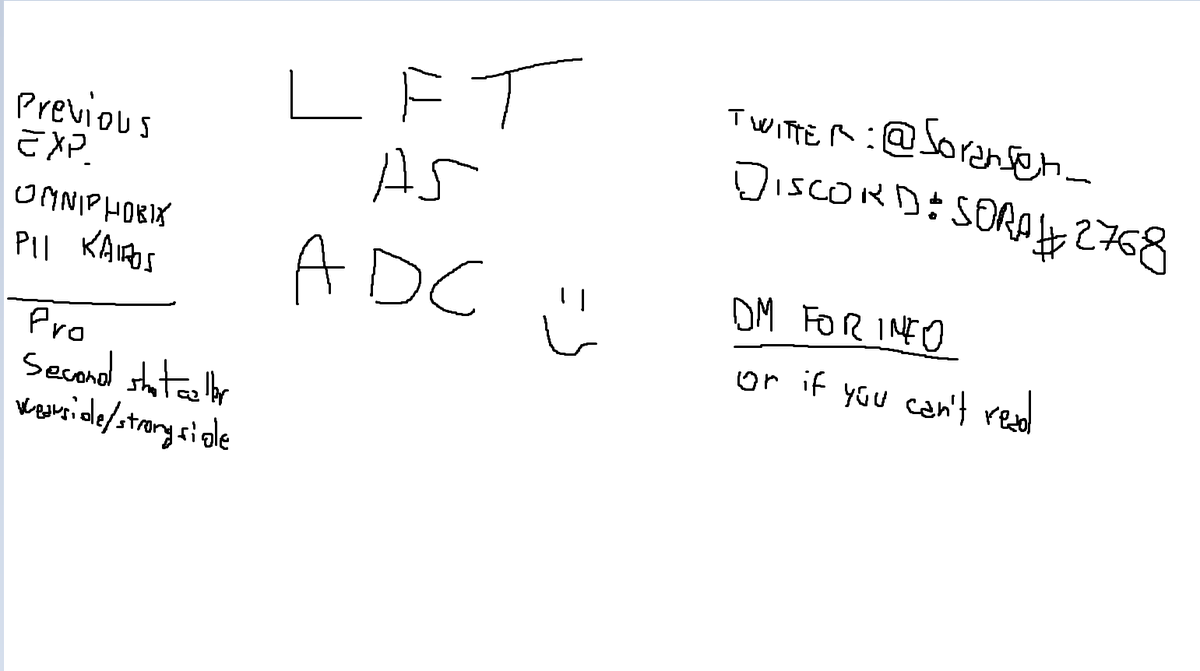 Søra (@soransen_) on Twitter photo Lft master adc
Mainly looking BTL (it) or CT (it)
Likes and Retweets appreciated (:
<a href="/LoL_LFT_ITA/">LoL LFT 🇮🇹</a> Lft master adc
Mainly looking BTL (it) or CT (it)
Likes and Retweets appreciated (:
<a href="/LoL_LFT_ITA/">LoL LFT 🇮🇹</a>