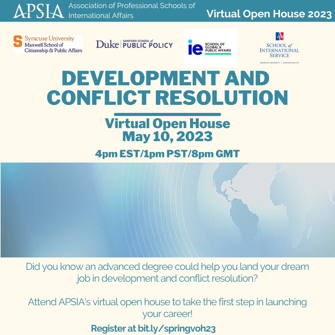APSIA (@apsiainfo) on Twitter photo Join us TOMORROW, May 10!
We're exploring masters, mid-career, & PhD Programs focused on Global Development & #ConflictResolution w
<a href="/MaxwellSU/">Maxwell School</a>
<a href="/DukeSanford/">Sanford School of Public Policy</a>
<a href="/iespega/">IE School of Politics, Economics & Global Affairs</a>
<a href="/AU_SIS/">AU School of International Service</a>
Small groups = more time for you to get your personal questions answered!
eventbrite.com/e/617760396977 Join us TOMORROW, May 10!
We're exploring masters, mid-career, & PhD Programs focused on Global Development & #ConflictResolution w
<a href="/MaxwellSU/">Maxwell School</a>
<a href="/DukeSanford/">Sanford School of Public Policy</a>
<a href="/iespega/">IE School of Politics, Economics & Global Affairs</a>
<a href="/AU_SIS/">AU School of International Service</a>
Small groups = more time for you to get your personal questions answered!
eventbrite.com/e/617760396977