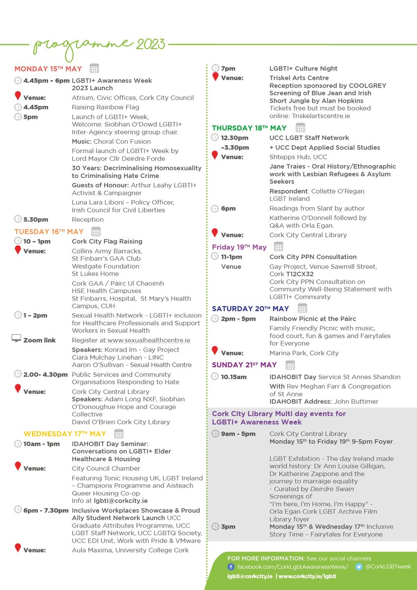 Just a week out from #CorkLGBTIAwarenessWeek:  a packed programme designed to create awareness, foster solidarity and encourage supportive innovations across agencies and communities. Join us in marking #IDAHOBIT23 - Together always, united in diversity!