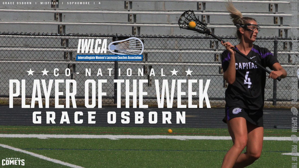 NEWS: For the second time this season, Grace Osborn has been named the @IWLCA National Player of the Week! Grace scored 19 goals and added 5 assists throughout the OAC Tournament this past week! MORE: athletics.capital.edu/news/2023/5/9/… #CapFam | #CapWLAX | #POTP | @CapitalWLAX