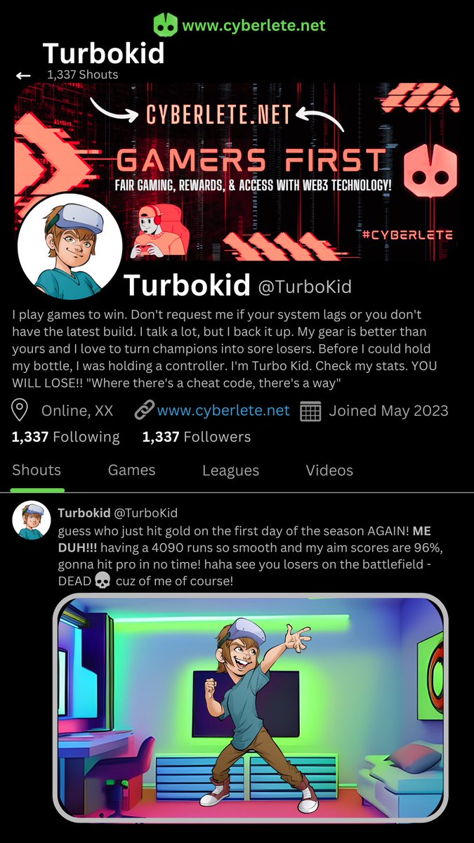 Cyberlete's tweet image. 👋"Call me Turbokid or don't call me at all!" says our most serious gamer. 

💬Comment if you play VR games!

🏆This week's winner of "Who's That Gamer" is @Cryptoprofilers 

#cyberlete ⁠#comicbook #cyberletecomic #gaming #gamer #videogames #digitalcollectables #nft #NFTGiveaway