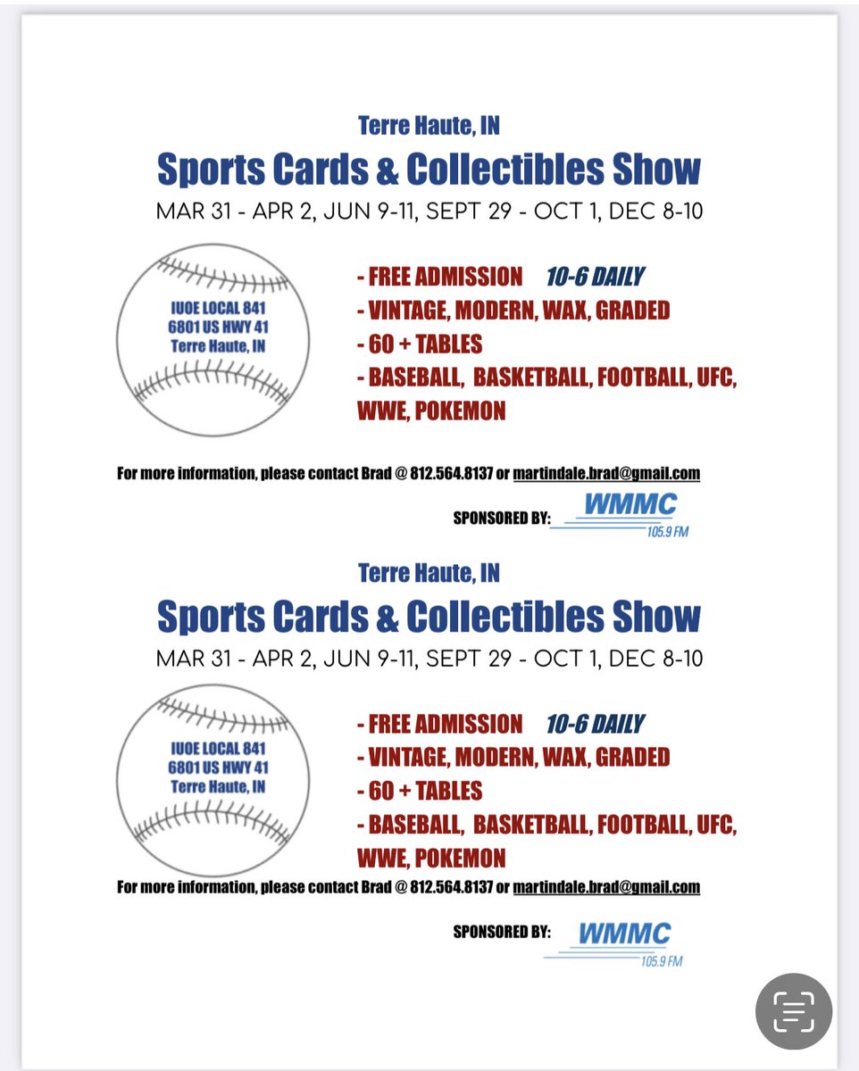 1 month out from our next Union Hall show in Terre Haute! Hope to see you there. ⁦@CardPurchaser⁩ ⁦@DPMsportcards⁩ ⁦@SportsCollector⁩ ⁦@bmartindale34⁩ ⁦@HoosierCards1⁩ ⁦@joeyorourke4⁩ #collect #thehobby #cardshows