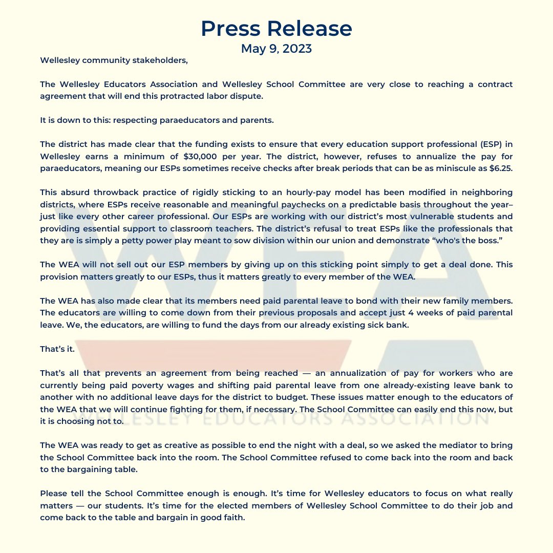 WEAunion's tweet image. PRESS RELEASE 🌹#whatwillittake ⁦@BostonGlobe⁩ ⁦@swellesley⁩ ⁦@NECN⁩ ⁦@boston25⁩ ⁦@7News⁩ ⁦@WCVB⁩ ⁦@MTANewMembers⁩ ⁦@massteacher⁩ ⁦@MaldenEduAssoc⁩ ⁦@LexEDAssoc⁩ ⁦@MissDebGee⁩ ⁦@NewtonTeachers⁩