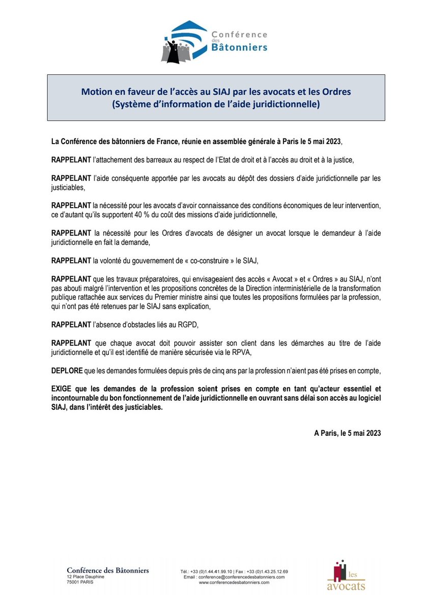 Ne pas pouvoir, pour un avocat, sous couvert de dématérialisation des demandes d'aide jurictionnelle, aider son client à remplir sa demande d'AJ est inacceptable.
Les bâtonniers réunis en AG de la <a href="/Conf_Batonniers/">ConférenceBâtonniers</a>  ont exigé que les avocats et les ordres aient un accès au SIAJ