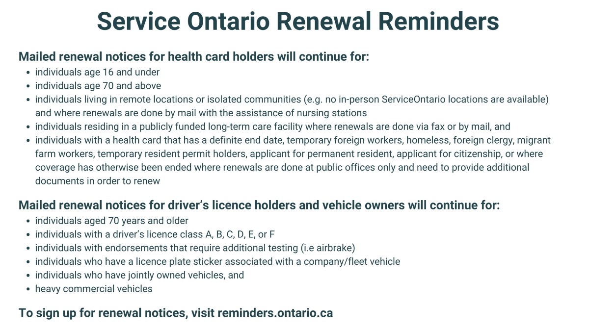 Did you know that Service Ontario is no longer mailing out reminders when it's time to renew health cards, driver's licenses, Photo Cards, or license plates?

Learn more about this here: ontario.ca/page/get-servi…
Sign up for renewal reminders here: reminders.ontario.ca

#OnPoli