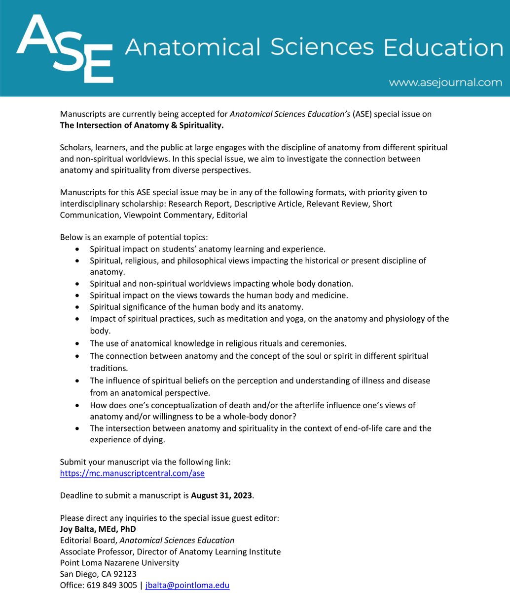 🚨CALL FOR MANUSCRIPTS🚨
We are excited to announce a forthcoming special issue of ASE on the The Intersection of Anatomy &amp; Spirituality, with an expected publication in 2024.

Deadline to submit manuscripts is August 31, 2023.
Have questions? Contact Guest Editor Dr. <a href="/JoyBalta/">Joy Y. Balta</a>