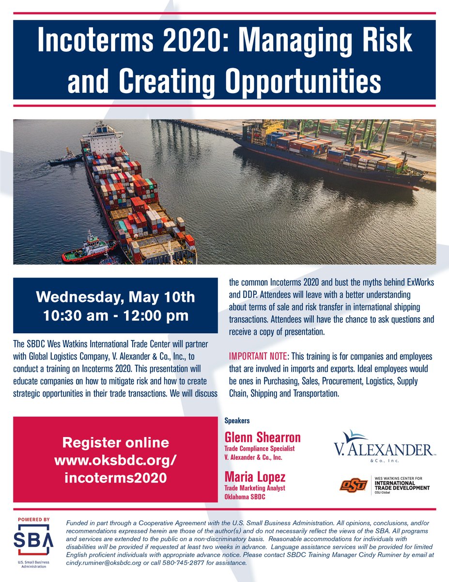 OSUCITD's tweet image. Don&apos;t miss out on tomorrow&apos;s informative training on Incoterms 2020! Join us to learn how to mitigate risk and create strategic opportunities in your trade transactions. 

Register here: business.oksbdc.org/workshop.aspx?…