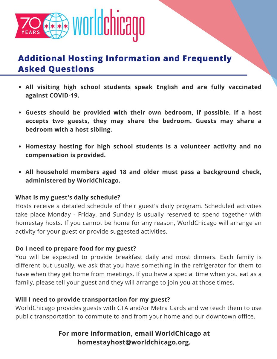 WorldChicago has a lot of exciting hosting opportunities this summer! We've got high school students coming from all over the world and we could use your help as a homestay host. For more information, please contact WorldChicago at homestayhost@worldchicago.org.