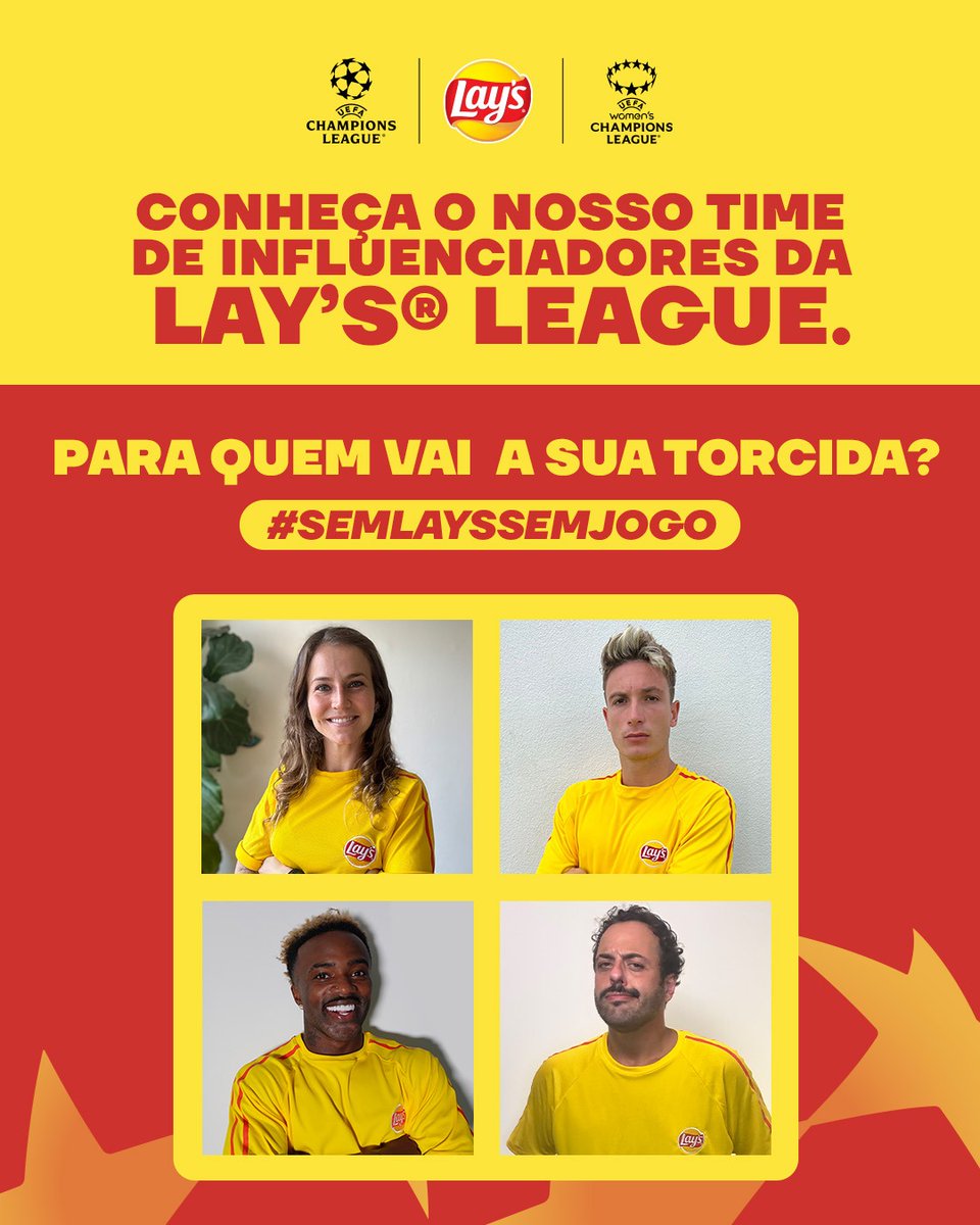 Nosso timaço já entrou em campo! Agora o <a href="/tomersavoia/">Tomer Savoia</a>, <a href="/alegxavier/">Ale Xavier</a>, Juninho Manella e o <a href="/eunegrete10/">N E G R E T E</a> precisam de vocês para decidirem quem será o/a grande vencedor(a) da LAY'S® League! Fiquem ligados para acompanhar tudo! 🎉

Pra quem vai a sua torcida? #SemLaysSemJogo