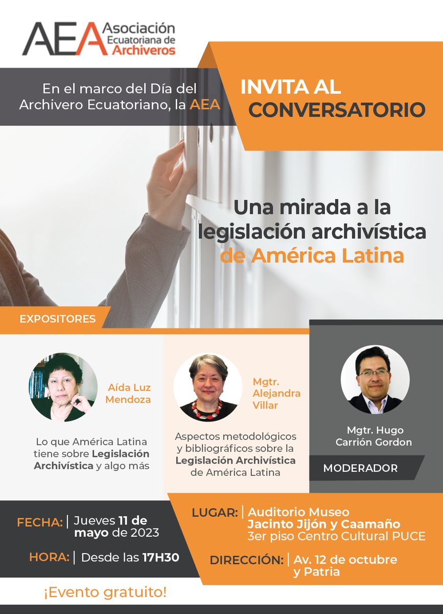 #QueNoSeTePase  La AEA invita a participar en el conversatorio "Una mirada a la legislación archivística de América Latina".
Aída Luz Mendoza y Alejandra Villar
📅 Jueves 11 de mayo
⏰ 17:30 horas (Ecuador)
us06web.zoom.us/j/88364640330?…
ID reunión: 883 6464 0330
Código acceso: 966000