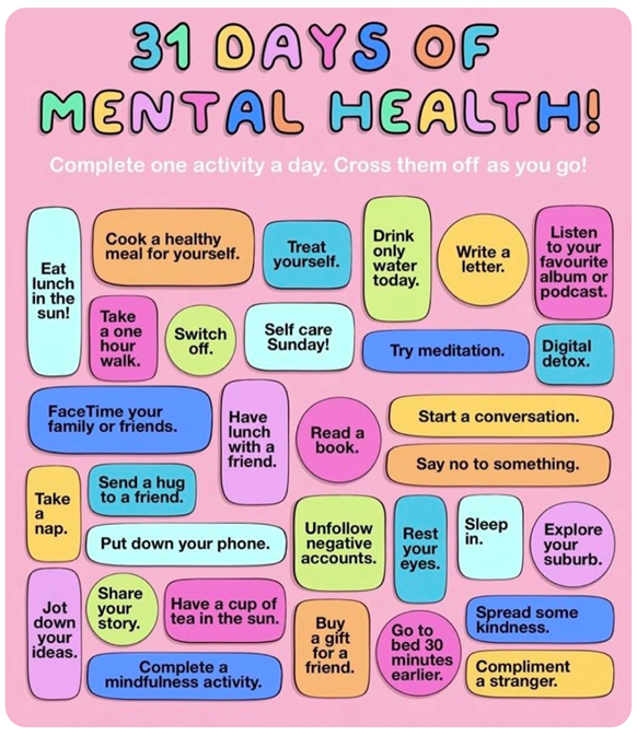May is Mental Health Month. How will you be taking care of yourself? What would you add to this list? Speak with your counselor, <a href="/EIFdotorg/">Education is Freedom</a> advisor, teacher, or friend if you need help or Text TALK to 741741 for 24/7, anonymous, free counseling #TuesdayTip #EIFCares