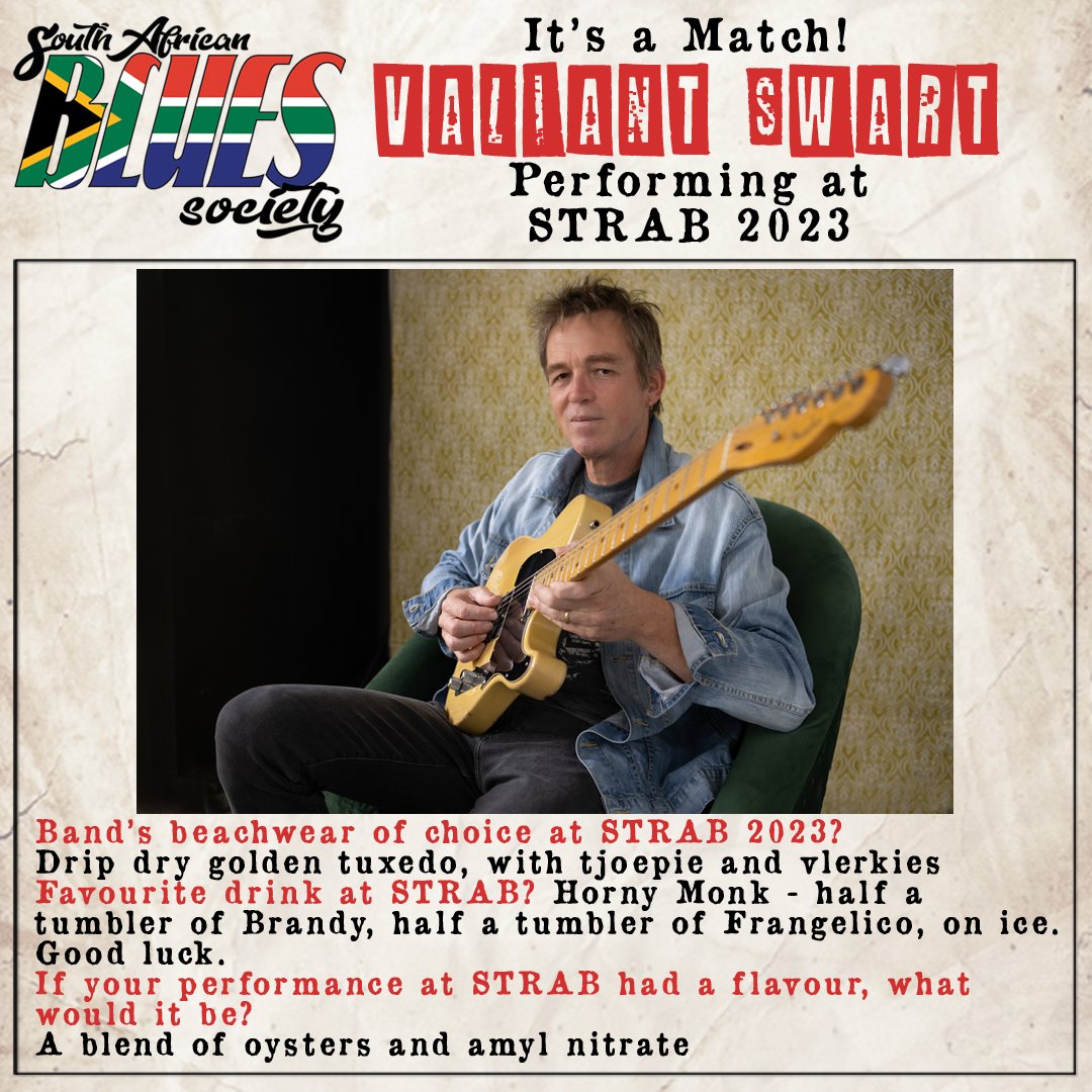 STRAB is a place for legends, and we are amped to announce the next legend, brought to you by our legendary partner, South African Blues Society:

<a href="/valiantswart/">Valiant Swart</a> 

Do not get caught out. Time is running out FAST for STRAB 2023! ---> strab.co.za

#STRAB2023 #STRABfest