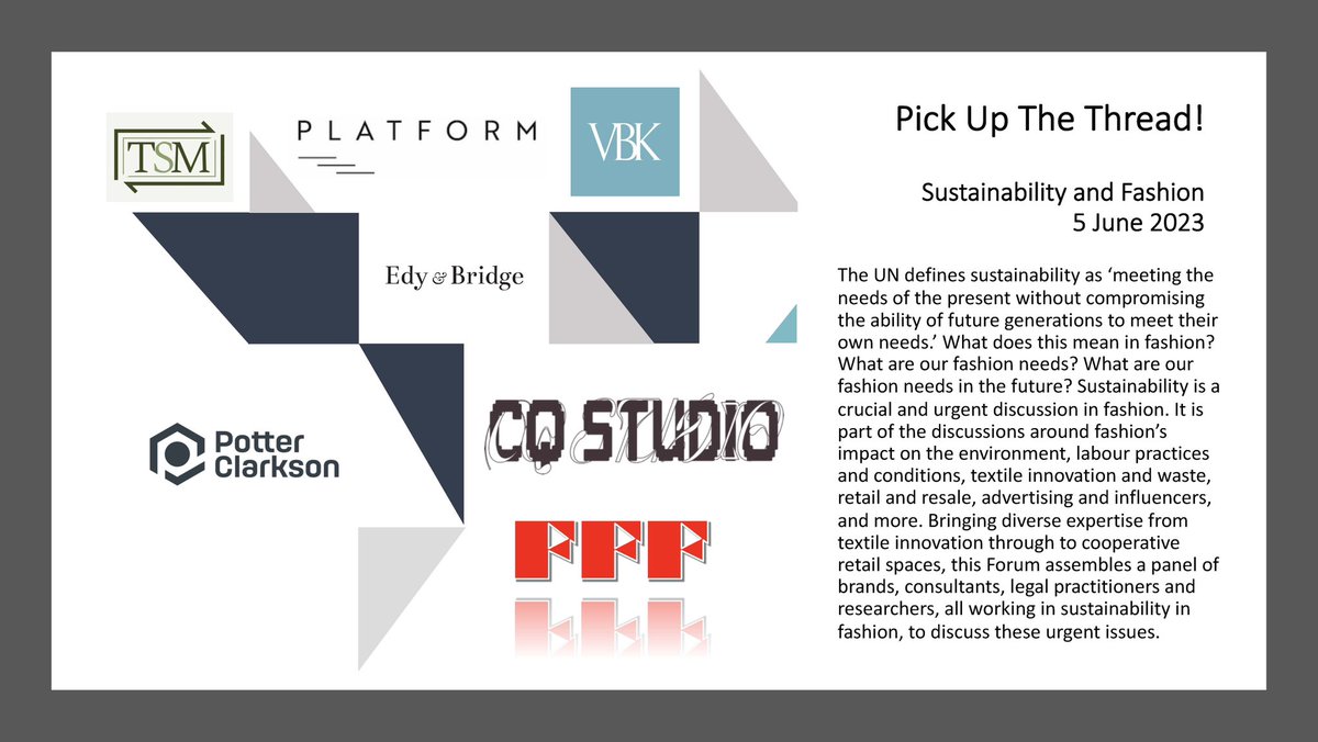 Join us in London or on Zoom Mon 5 June 6pm BST for Pick Up The Thread! fashion and sustainability Forum with brands, textile innovators, retailers, sustainability analysts, consultants and practitioners <a href="/QMSchoolofLaw/">QMUL School of Law</a> <a href="/qmipri/">QMIPRI</a> Free! Register in link! eventbrite.com/e/633296315327