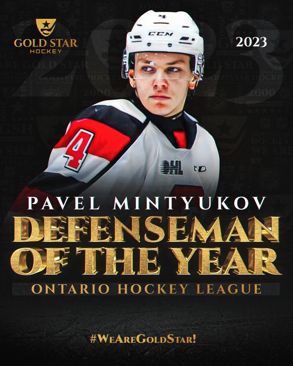 HockeyAgent1's tweet photo. Congratulations to Pavel Mintyukov (#FlyTogether 10th overall pick, 2022 draft) on winning the Ontario Hockey League  Defenseman of the Year! #WeAreGoldStar! https://t.co/mcz27Wxs1K