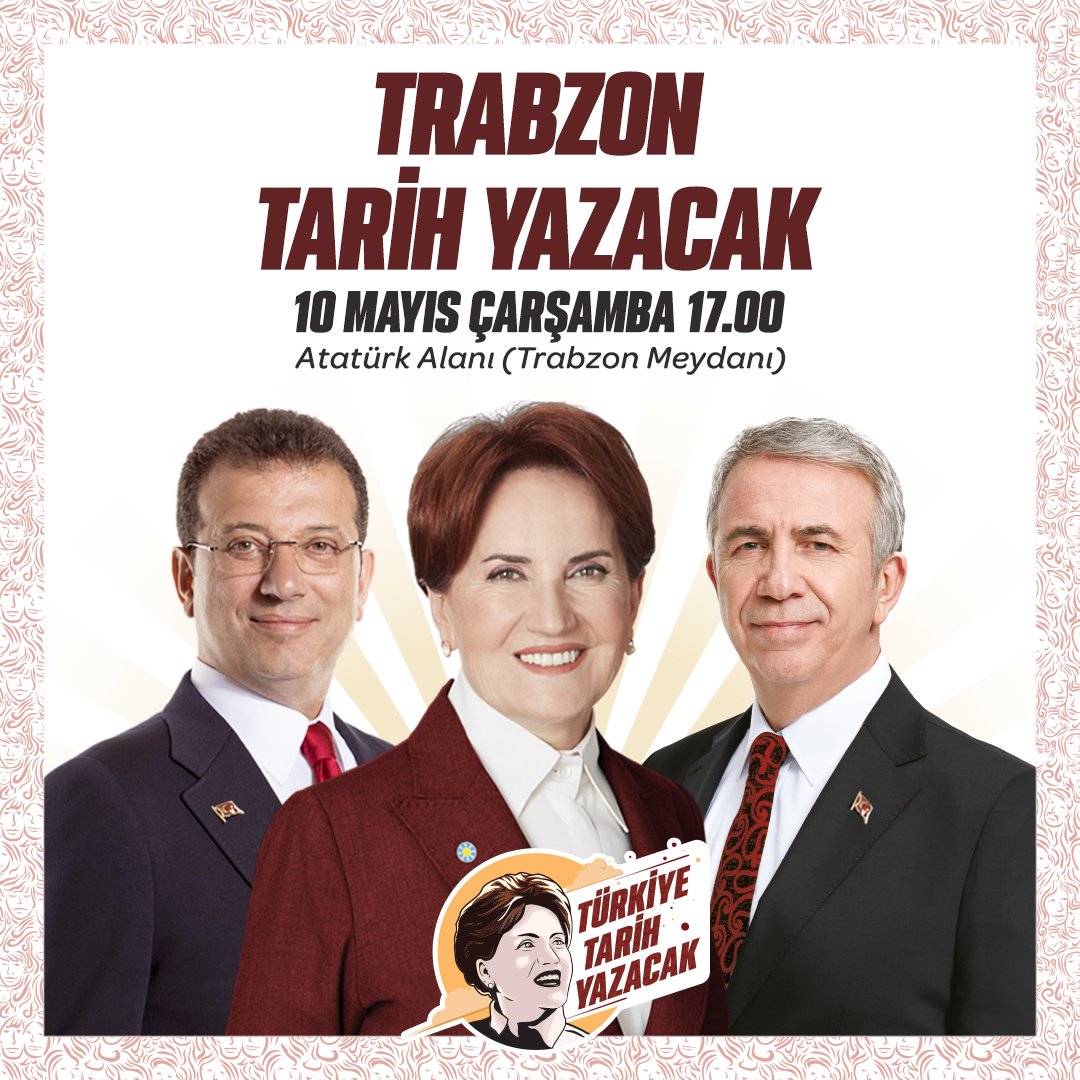 Sayın <a href="/mansuryavas23/">Mansur Yavaş 2025</a> ve Sayın <a href="/ekrem_imamoglu/">Ekrem İmamoğlu</a> ile birlikte;

📍10 Mayıs Çarşamba günü (yarın) 
🕔17:00'de Trabzon'dayız...

Hiç kimsenin endişesi olmasın;
14 Mayıs'ta #TürkiyeTarihYazacak!