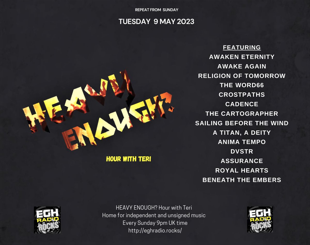 Today 9pmBST <a href="/EGHRocks/">KingWan</a> #HeavyEnough Hour
#ListenHere #worldwide eghradio.rocks/player_stream/

Listen to the new bangers from-
<a href="/SBTW_official/">Sailing Before The Wind</a> <a href="/atitanadeity/">A Titan, A Deity</a> <a href="/animatempo/">Anima Tempo</a> #DVSTR #Assurance <a href="/RoyalHeartsFL/">Royal Hearts</a> <a href="/BeneathEmbers/">Beneath The Embers</a> +more
More info: facebook.com/HeavyEnoughHou…
#NewMusicAlert #ListenAgain