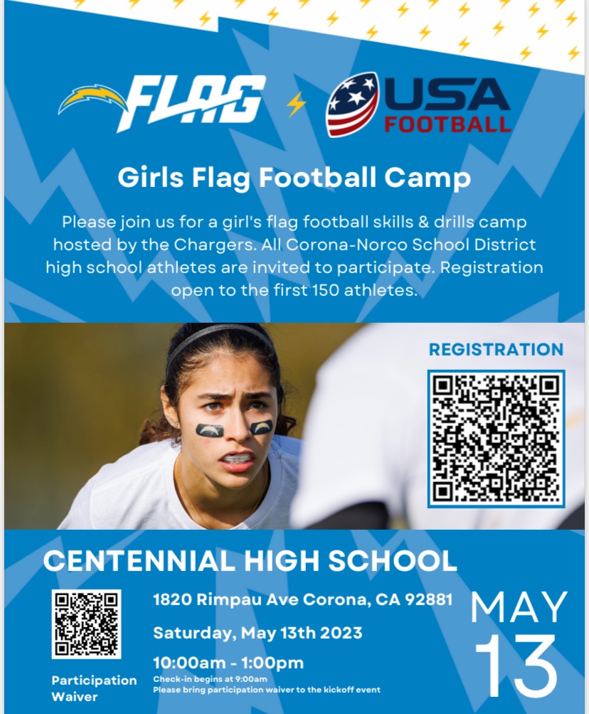 This Saturday! FREE Girls flag football skills and drills camp! 

#IE
#Chargers
#NFLFlag 
#USAFootball
#GirlsFlagFootball
#forwardprogress