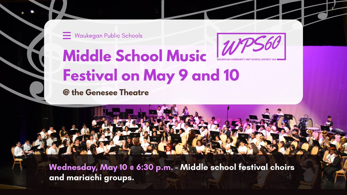 Night one of the Middle School Music Festival begins today at the Genesee. Performances will kick off at 6 p.m. from the District’s 6th, 7th and 8th grade band and orchestra students. Tomorrow night will feature our festival choirs and mariachi groups, beginning at 6:30 p.m.