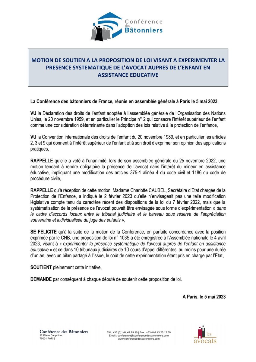 La <a href="/Conf_Batonniers/">ConférenceBâtonniers</a> soutient la proposition de loi visant à expérimenter la présence systématique de l'avocat auprès de l'enfant en assistance éducative.
