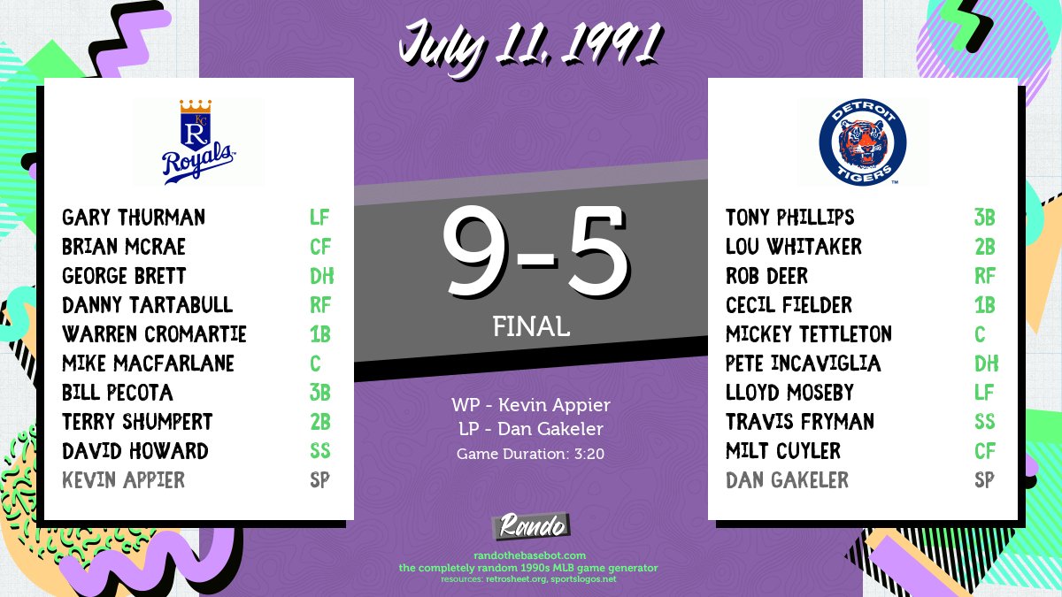 RandoBasebot's tweet image. Today&apos;s completely random game is @Royals vs. @tigers on July 11, 1991. #RandoBasebot

🤖: randothebasebot.com/?game=KCA_DET_…