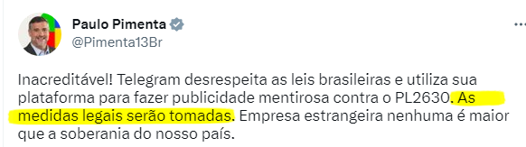 MBLivre's tweet photo. Esquerda brasileira pedindo censura do Telegram após Telegram alertar para perigo de censura. É disso que se trata. https://t.co/IT6Fdggoix