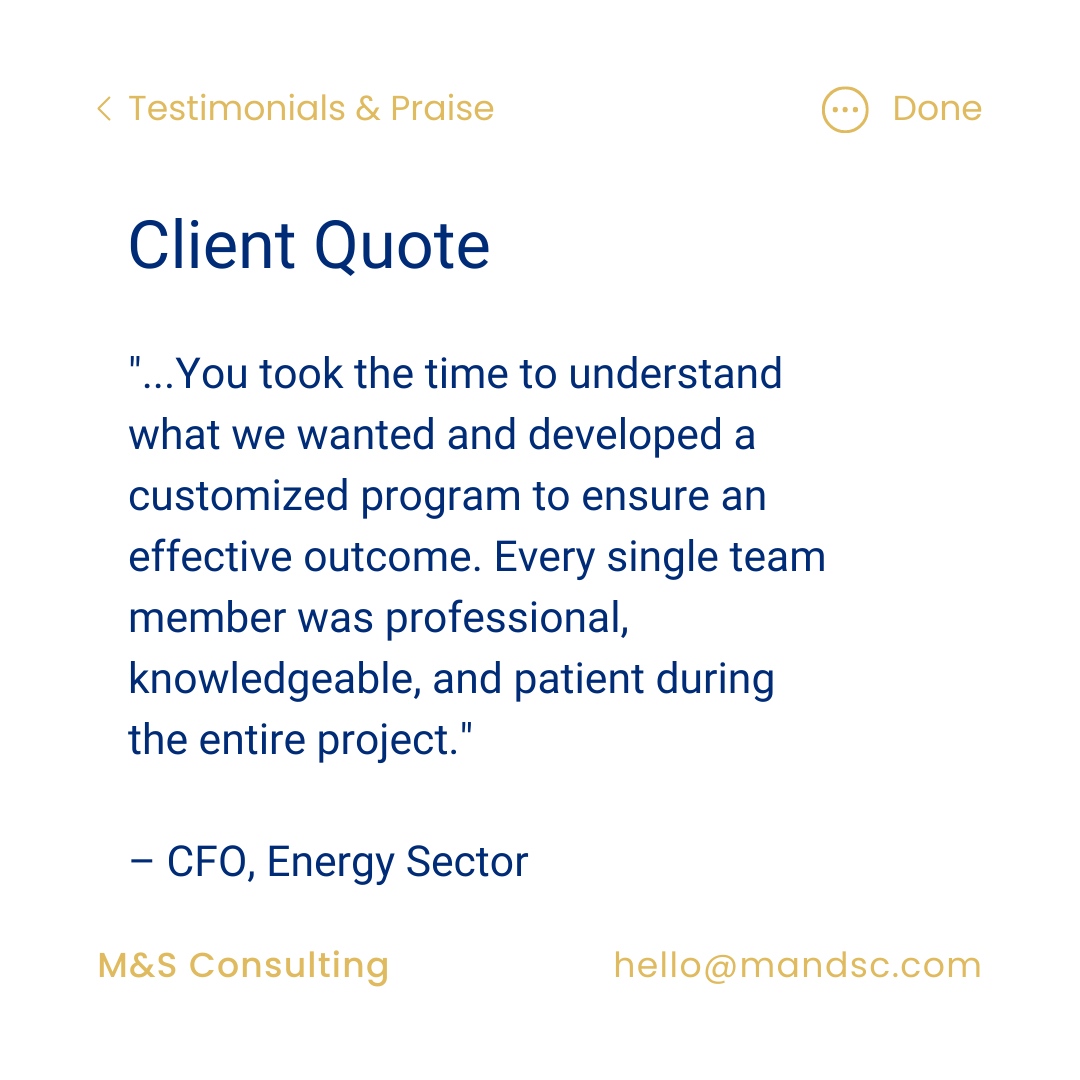 We love getting feedback from our clients and partners about the work we do! Our love for solutions, and not only certain products, helps us partner with you to get the outcomes you need. ☁️😁 ⁠ #MandSConsulting #DoneBetterTogether #ClientTestimonial #ClientAppreciation #Tech