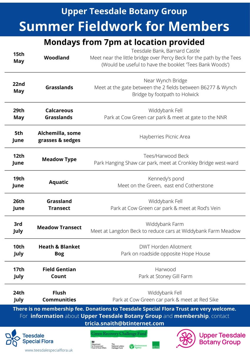 UTBG Summer field work begins next Monday 15th May at 7pm and continues weekly until July. 
Suitable for all abilities, venues vary every week. 
For free membership contact tricia.snaith@icloud.com
#flowers @iloveteesdale
@HeritageFundUK #barnardcastle #teesdale @NHeartlands