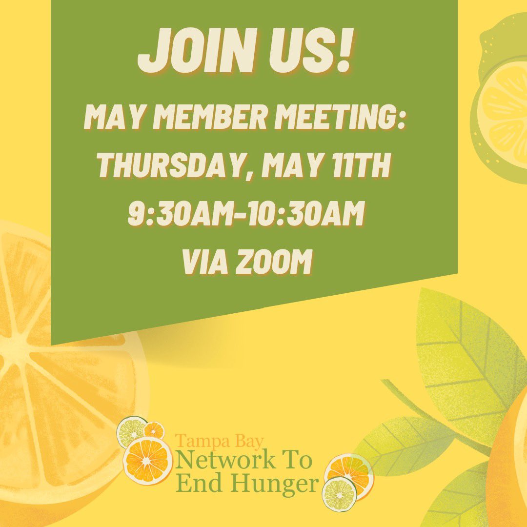 Attention Members! ☀️☀️☀️ Our next Monthly Member Meeting is this Thursday, May 11th from 9:30AM-10:30AM via ZOOM 📣 Please email anna.chavez@networktoendhunger for the Zoom link information ☀️ #tampabay #community #florida #tampabayflorida #networking #May #tampabayarea