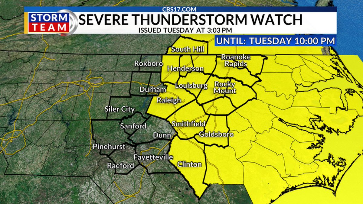 A SEVERE THUNDERSTORM WATCH has been issued in central NC. Hail &amp; damaging wind is possible in these areas. Please stay weather aware! #ncwx