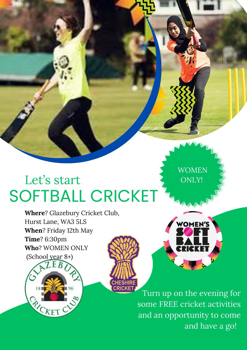 This Friday Glazebury will be hosting a women's softball taster session for girls, why not come down and give cricket a try 🏏